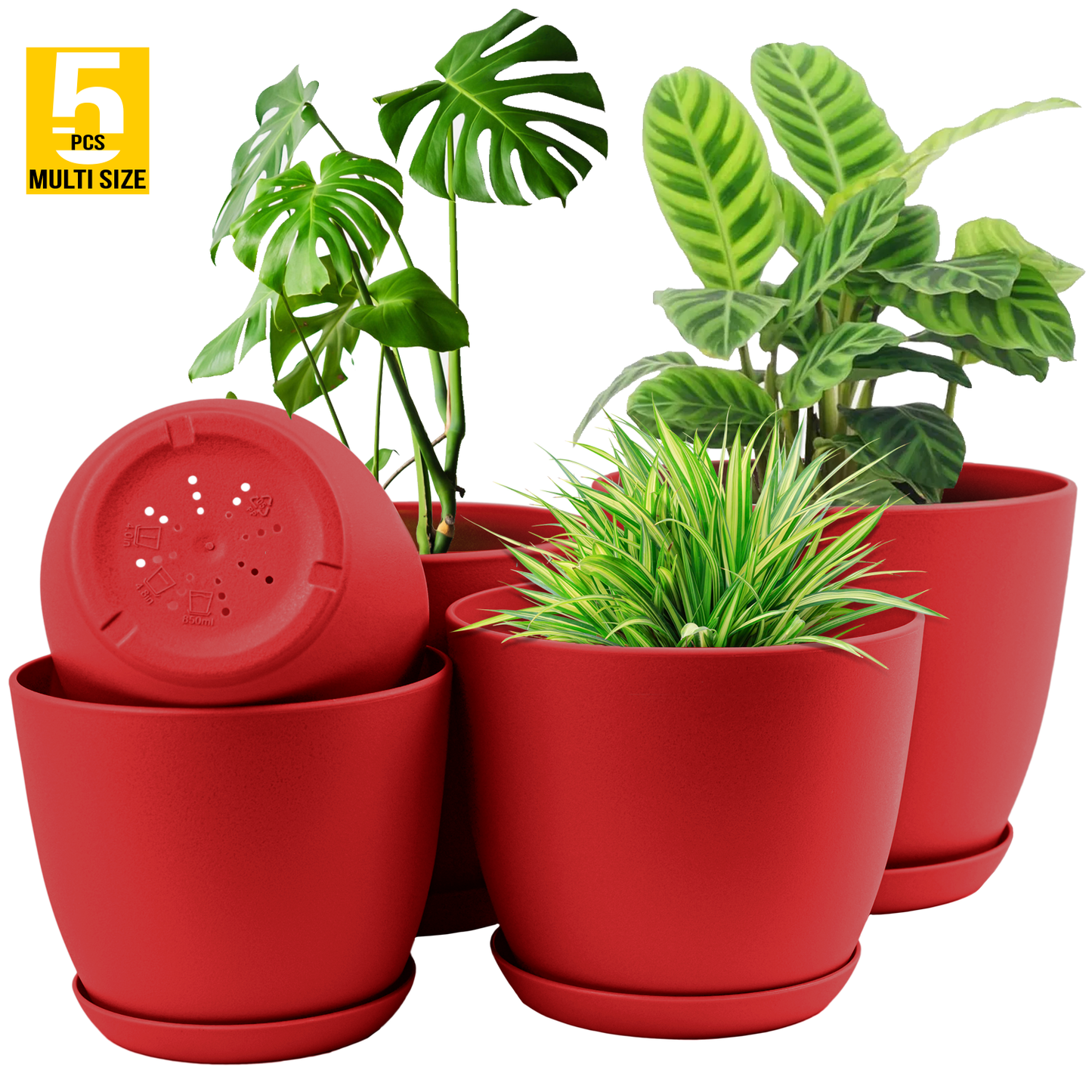 5pcs Plastic Flower Pot Set, 5 Sets Of 7/6.6/6/5.3/4.8 Inch Modern Style Plastic Flower Pot With Drainage Holes And Trays For Indoor And Outdoor Potted Plants, Such As Succulent, Snake Plant, Violets, Etc