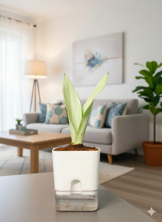 Sansevieria Moonshine (Snake Moonshine) Plant With Square Self Watering Pot