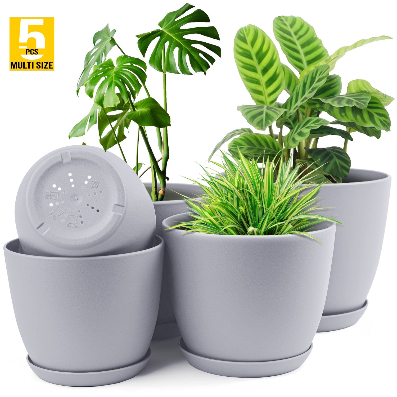 plastic pot plant 5.5 in 5pcs Plastic Flower Pot Set, 5 Sets Of 7/6.6/6/5.3/4.8 Inch Modern Sty –  Kyari