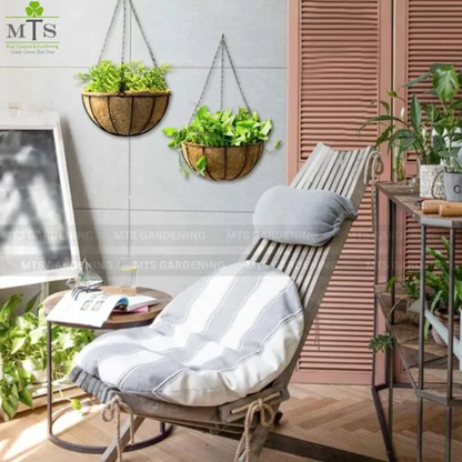 Iron Hanging Basket with Chain & Coco Liner for Balcony, Garden & Home Decoration | Wall Hanging Planter Pot Holder | Indoor Outdoor Plant Hanger | Garden Decor Flower Basket