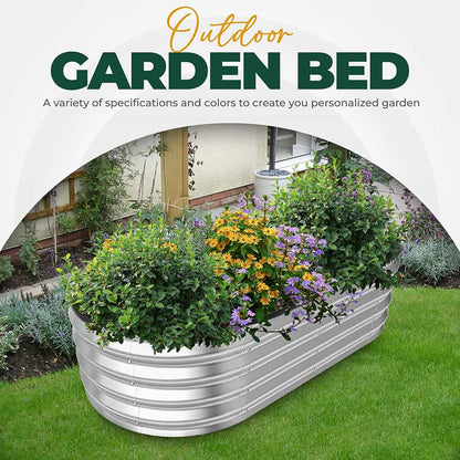 Metal garden bed with plants and flowers on a grassy area, with text about customizable garden options.