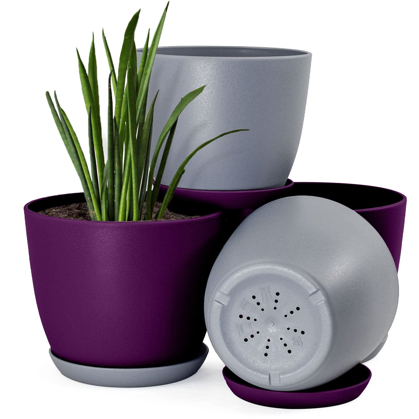 Plastic Decorative Flower Pots Set of 4 with Drainage for Indoor Plants 2 Sizes, 2 Colors (Plants Not Included)
