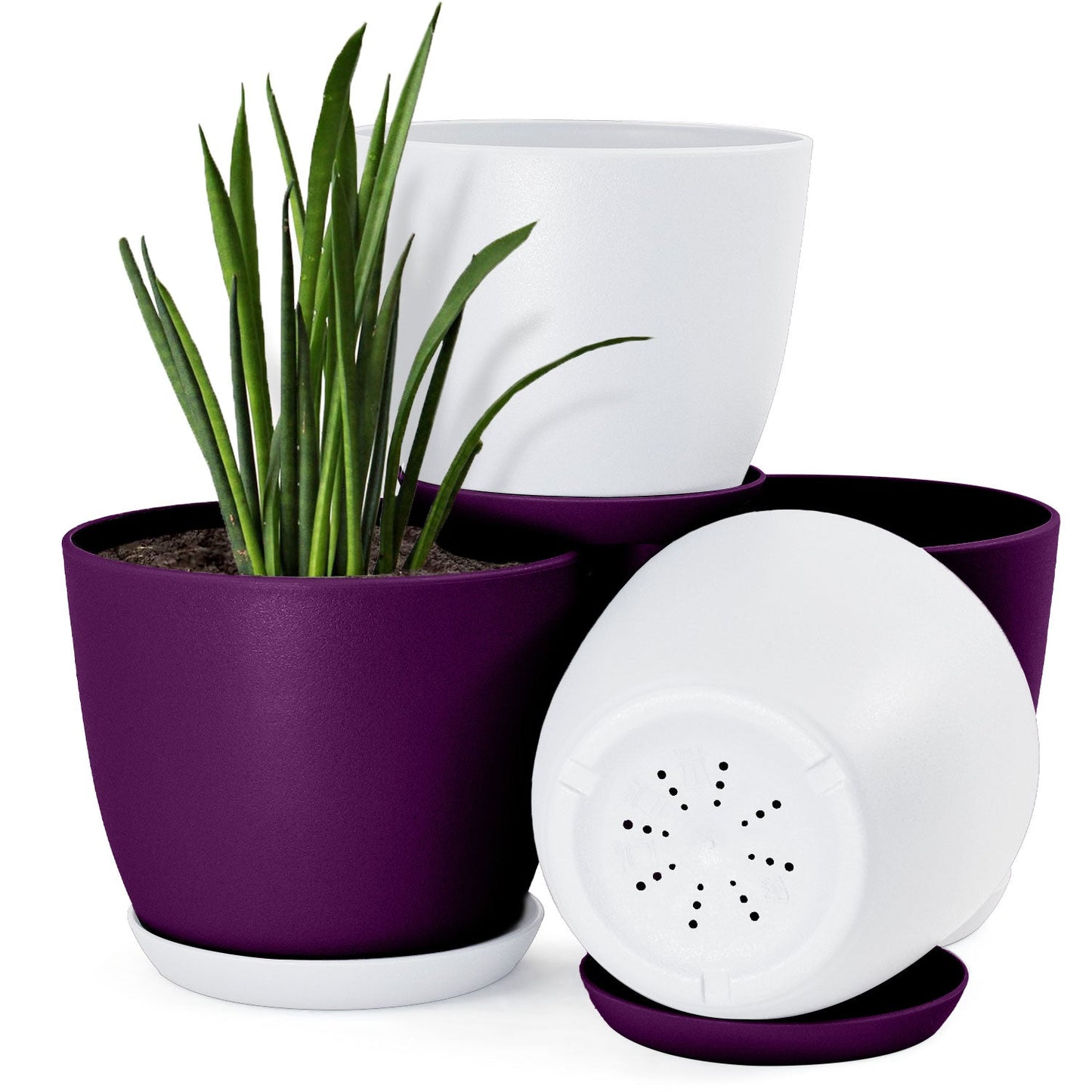 Plastic Decorative Flower Pots Set of 4 with Drainage for Indoor Plants 2 Sizes, 2 Colors (Plants Not Included)